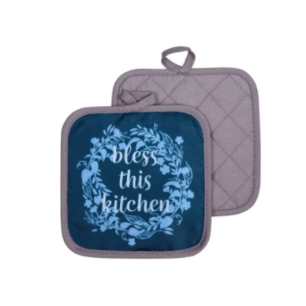 "Bless this Kitchen" blue pot holders